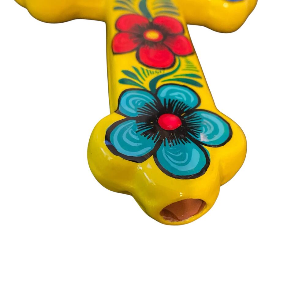 Ceramic CROSS Yellow Colorful High Gloss with Flowers Mexican Folk Wall Art 7" - Picture 2 of 11